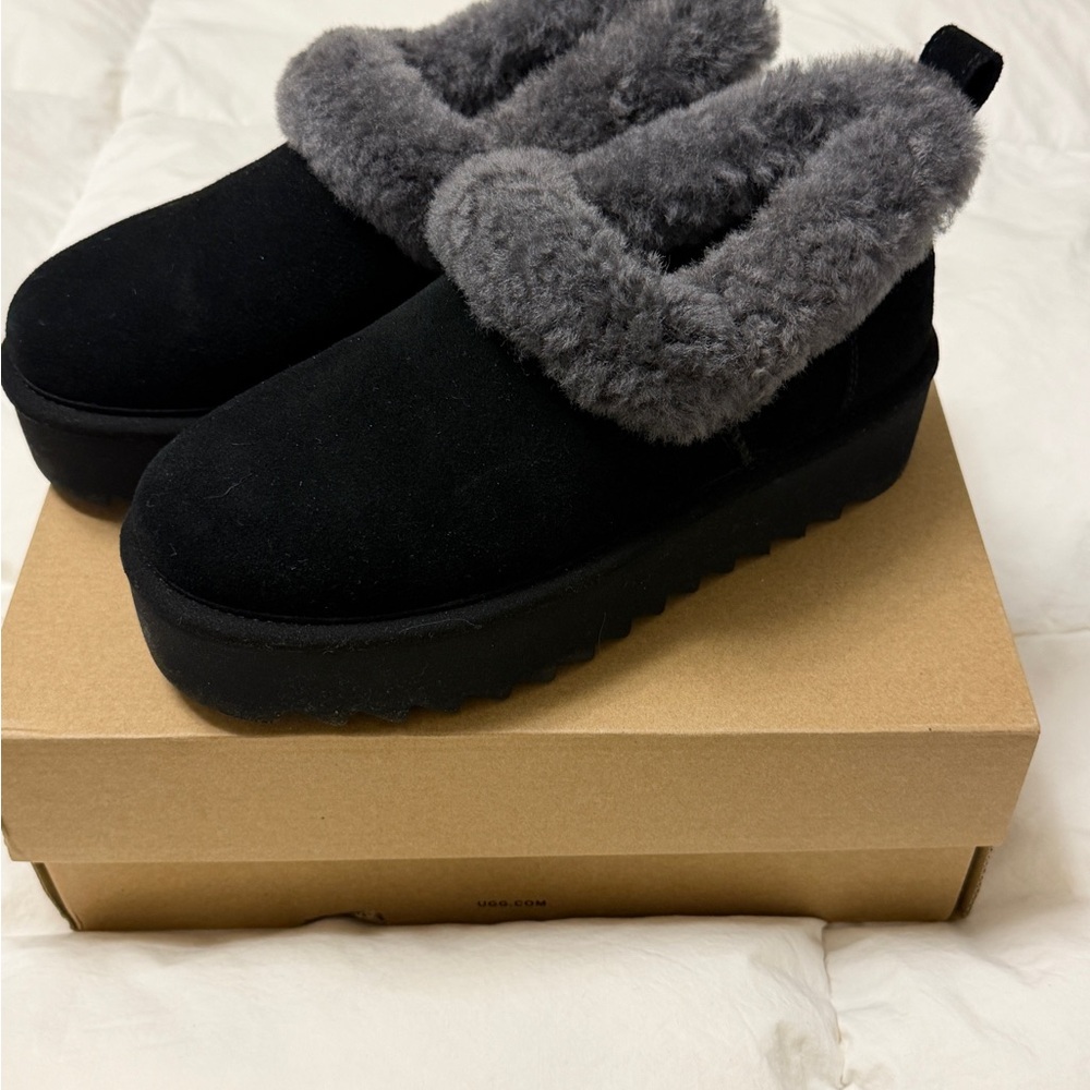 UGG Black Slippers with Gray Fur Lining